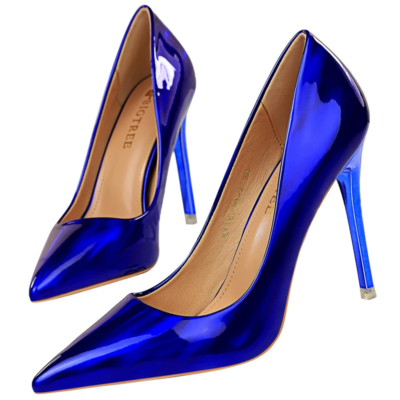 Women 10.5cm High Heels Blue Green Valentine Pumps Luxury Glossy Stripper Stiletto Wedding Bridal Fetish Shoes Plus Size 43