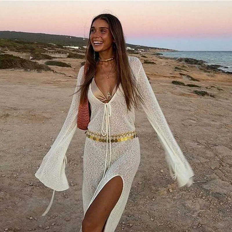 Beach V-neck Long Dress Women White Knitted Lace Up See Through High Slit Maxi Dresses 2025 Summer Lady Holiday Vacation Robes