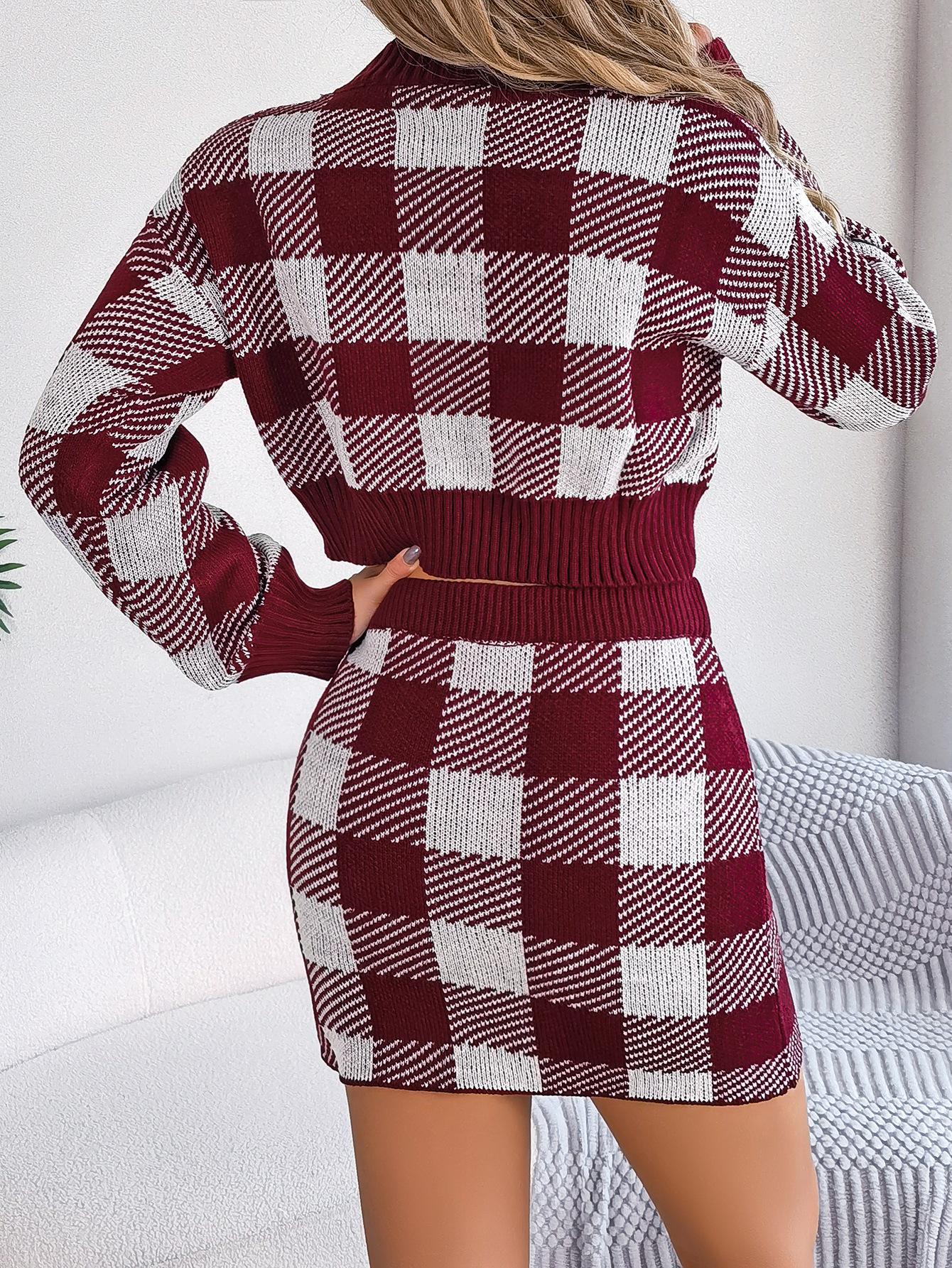 Autumn Winter Casual Color Contrast Check Long Sleeves Cropped Sweater Sheath Skirt Set Women Clothing