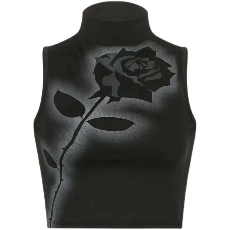 Gothic Rose Print Tank Top Aesthetic Y2K Crop Top Sleeveless Vest Harajuku Streetwear Black Summer Tops Women Slim Clothes