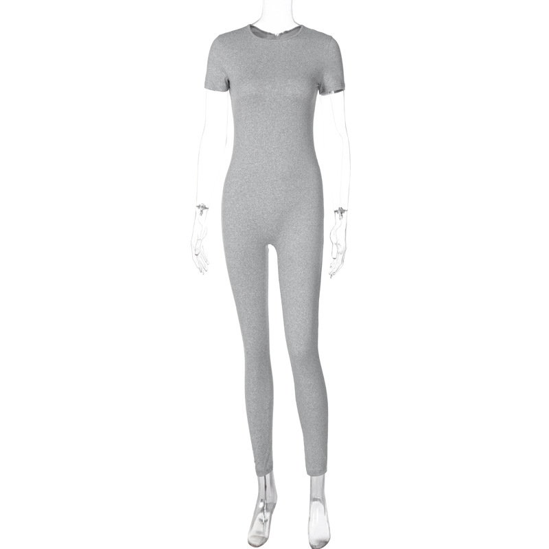 Women Clothing Winter round Neck Zipper Solid Color Short Sleeve Trousers Sports Jumpsuit Women