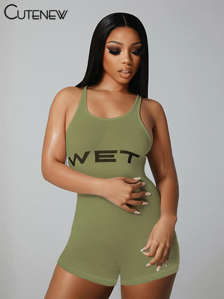 Letter Print Playsuits Women Concise Casual Summer Tank Style O-neck Slim Rompers Female Sporty Style Basic One Piece