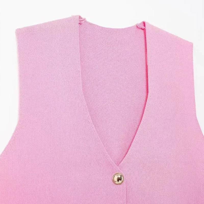 Elegant Knit Short Vest for Women V Neck Single Breasted Sleeveless Waistcoat Pink Top Female New Lady Classic Streetwear