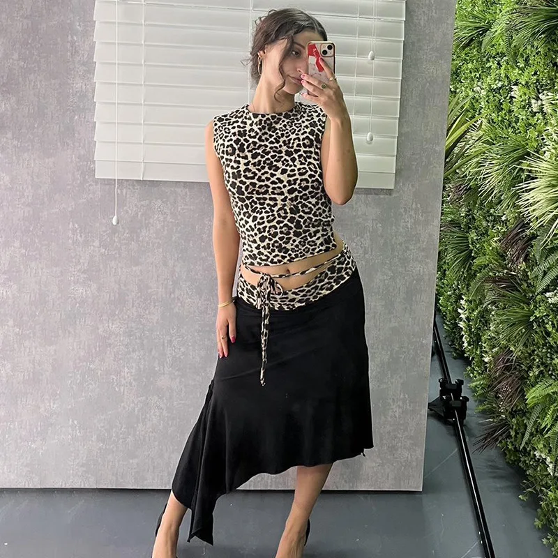 Fashion Double Wear Skirt Suit Female Leopard Print Lace Up Sleeveless Vest Irregular Splice Skirt Two Pieces Set Women's