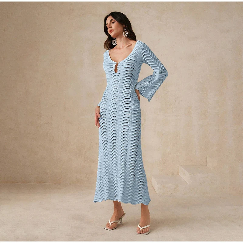 Beach Knit Hollow Out Maxi Dress Women Solid Flare Sleeve Lace-Up See-Through Holiday Dresses Female 2025 Summer Lady Slim Robes