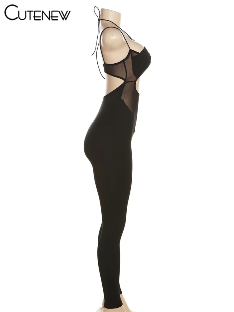 Women's Solid Mesh Casual Jumpsuit Spaghetti Strap Body-shaping Romper Overall Female One-piece Pants Fashion Streetwear