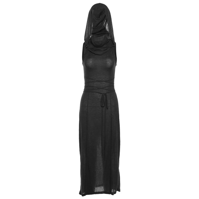 Grunge Dress y2k Women Clothes Solid Color Sleeveless Hollow Out Back Slit Hooded Dress 2000s Halloween Party Dresses