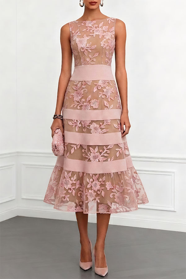 Rosmie Flower Mesh Lace Colorblock Boat Neck Sleeveless A-Line Midi Dress