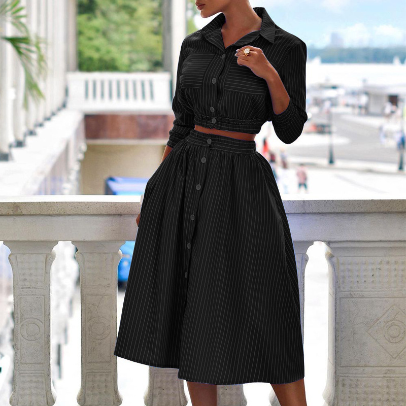 Autumn Winter New Stylish Long Sleeves Striped Shirt Outfit Skirt Two Piece Set
