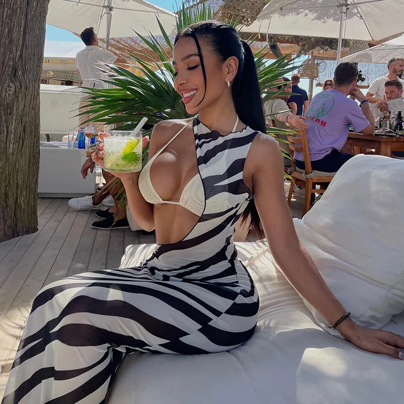 Bodycon Long Dresses For Women Beach Style Backless Vestidos De Mujer Hollow Out Sexy Robe Femme _t�� Y2k Clothes Zebra Print