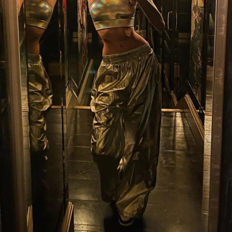 PU Silver Women Pants Autumn Winter High Waist Casual Loose Wide Leg Pant Femme Party Club Fashion Streetwear Woman 2025