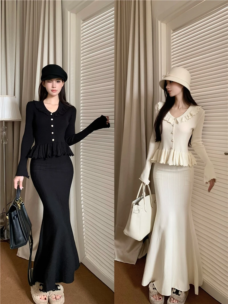 Autumn Winter Knitted 2-Piece Sets Women Ruffles Tops Bodycon Fishtail Skirt Slim Solid Knitwear Outfits Korean Fashion Suit