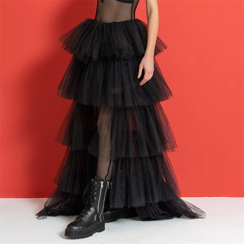 Tulle Skirts Women y2k Solid Color Elastic High Waist Asymmetrical Hem Long Skirts Summer Evening Party Skirt Clubwear