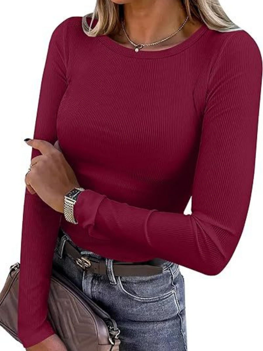 Pit Strip Long Sleeve Elastic Crew Neck Ribbed Slim Fit Basic T-shirts