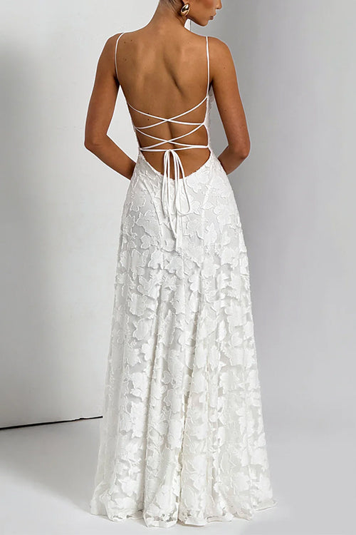 Spaghetti Strap Backless Lace-up Jacquard Maxi Dress