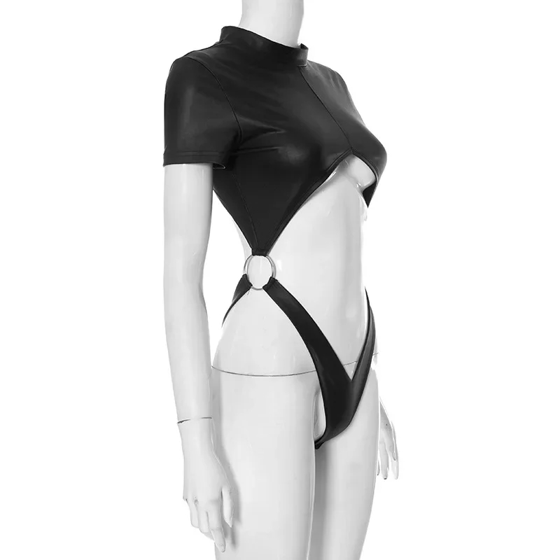 PU Sexy Bodysuit Lingerie Black Top Women Rave Outfit Short Sleeve Body Feminino Hollow Out One-Pieces Lenceria Bodys Sexy Mujer