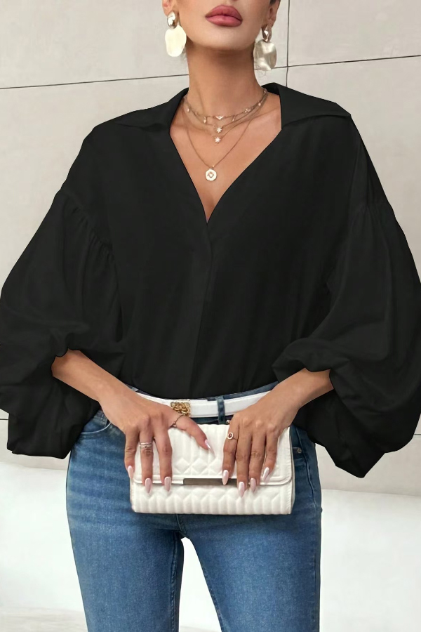 Stylish Polka Dot Print Collared Puff Sleeve Loose Shirt