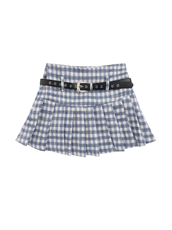 Plaid Pleated With Star Belt Mini Skirts