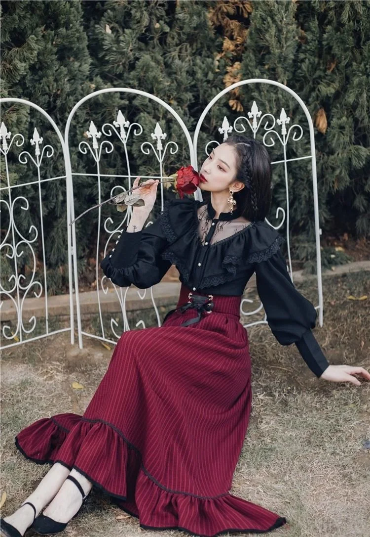 Vintage Gothic Two-Piece Skirt Sets Women Black Lace Ruffle Blouse Lace-up Midi Skirt Autumn New Court Retro Suits Y2k Outfits