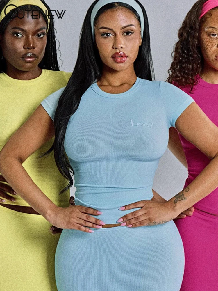 Casual Women Skirts Sets Concise Solid Short Sleeve O-neck Crop Tees+Matching Maxi Bottoms Female Trend Street 2 Piece