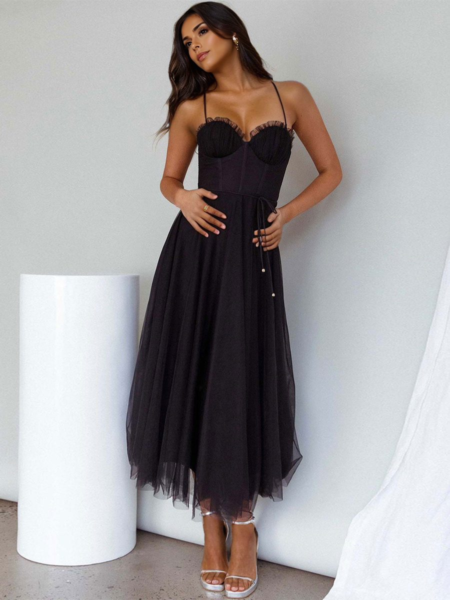 Corset Midi Dress Spaghetti Straps Shirred Lace-up Tulle Skirt Dresses