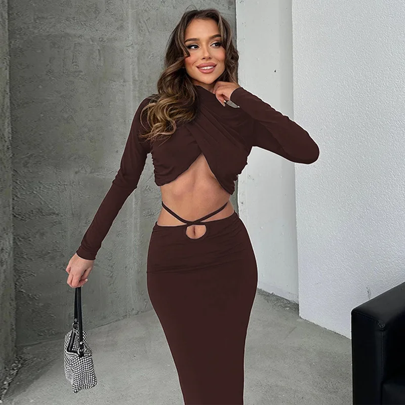 Fall New Skirts Suit Solid Color Long Sleeve Crop Top Twist Ruched Slim Lace Up Sexy Navel Exposed Skirt Matching Sets