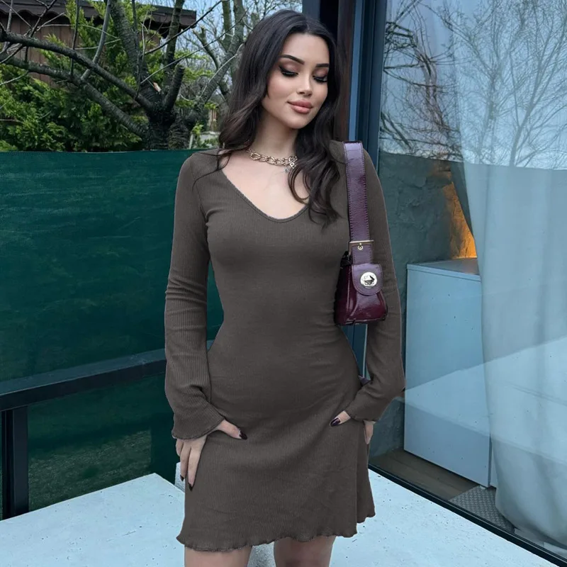 O Neck Long Sleeve Rib Solid Mini Dresses Y2K Streetwear Wholesale Elegant Outfit Ladies Summer Casual Women Clothes