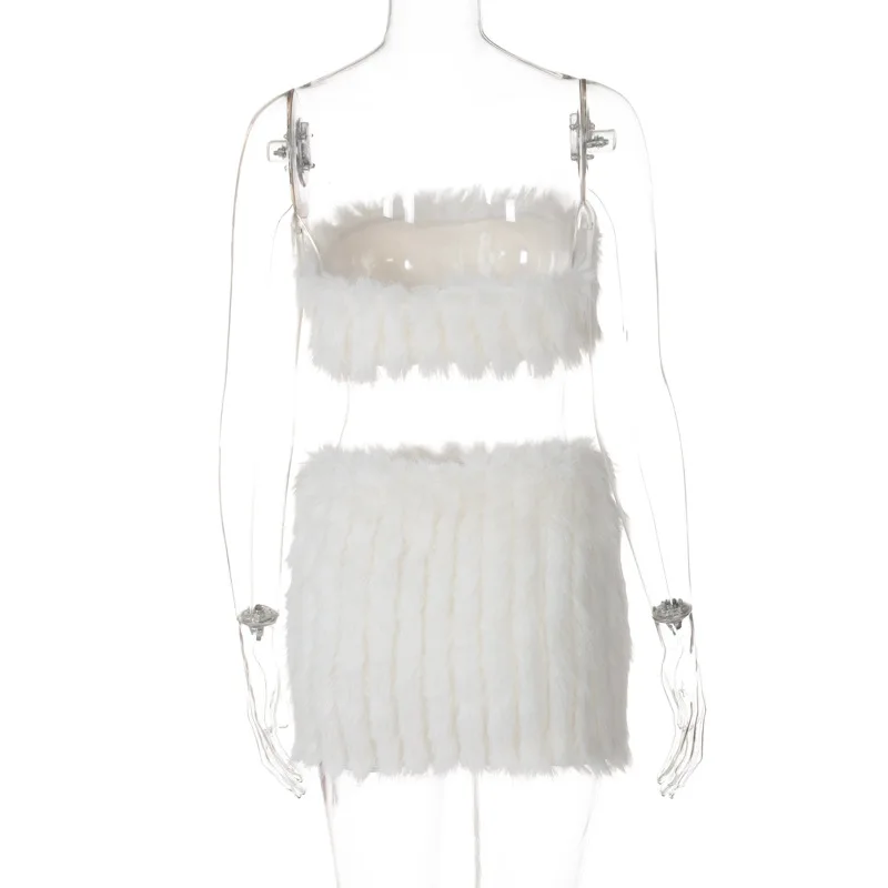 Splice Feather Skirt 2 Piece Sets Womens Outfits Sexy Off Shoulder Strapless Tube Tops 2025 New Warm Skirts Sets Women