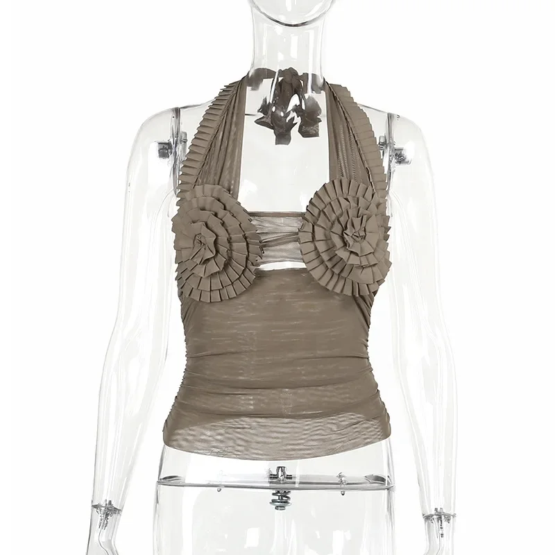Fashion Patchwork Backless Tank Top For Women Lace-Up Sleeveless See-Through Mesh Hollow Out Pleated Y2k Top Vest Summer
