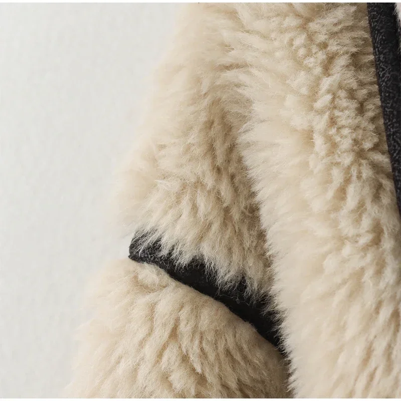 Fashion Beige Faux Fur Long Coat Women Winter Buttons Lapel Long Sleeve Lamb Fleece Jacket 2025 New Lady Loose Street Outerwear