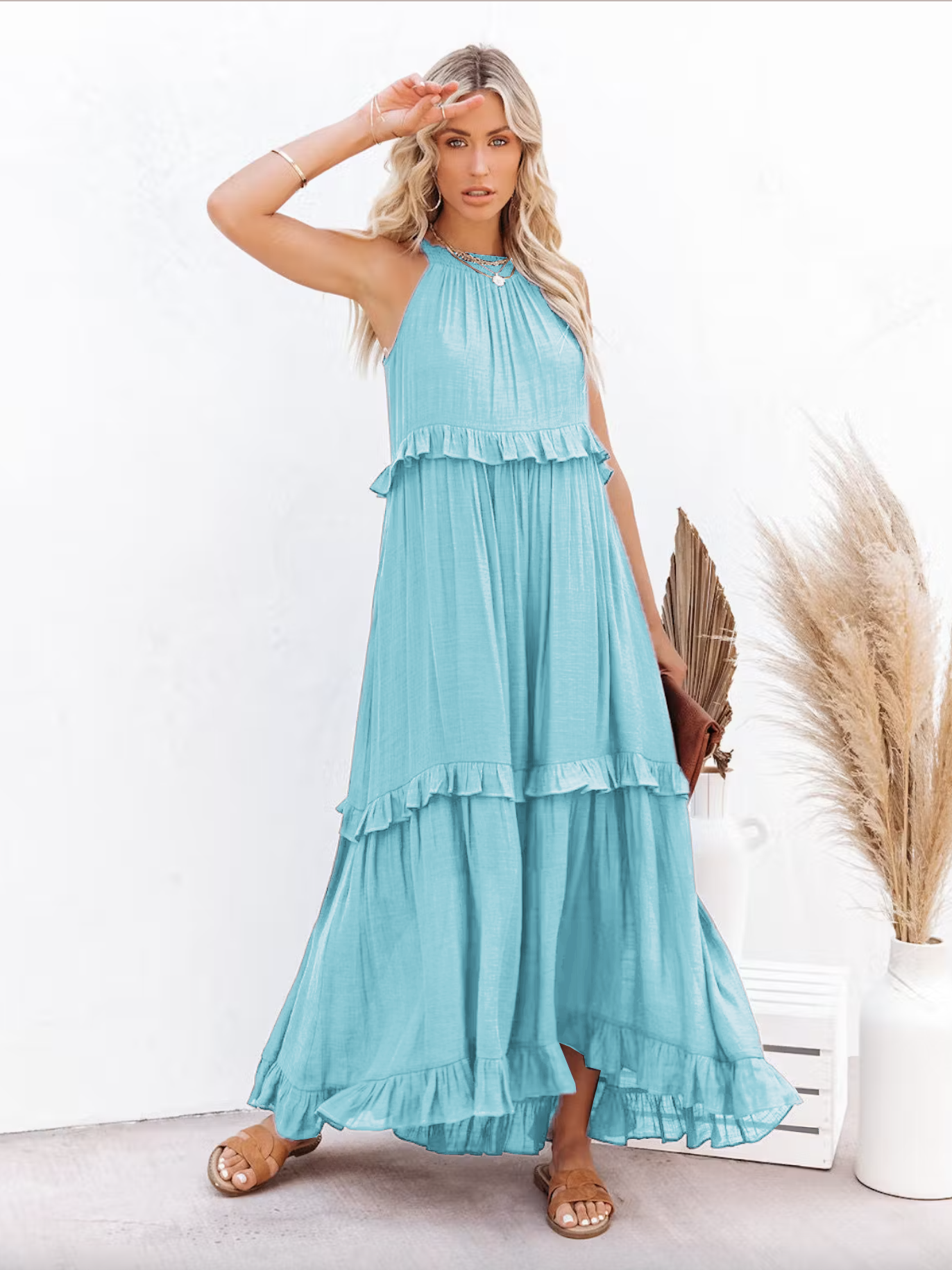 Boho Halter Neck Maxi Shift Dress for Women - Ruffle Tiered Flowy Sun Dress - Summer Beach Vacation 2026