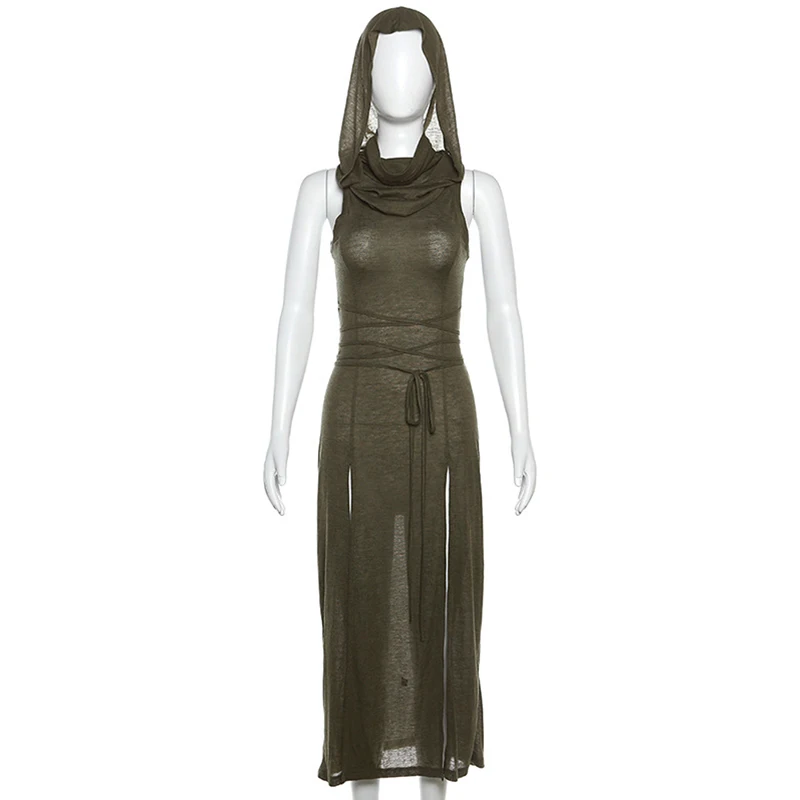 Grunge Dress y2k Women Clothes Solid Color Sleeveless Hollow Out Back Slit Hooded Dress 2000s Halloween Party Dresses