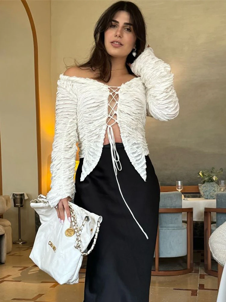 Autumn Fashion Ruffled T-shirt Cropped Top Female Hollow Out Lace-Up Patchwork Loose Outwear White Women Bandage Tee Coat