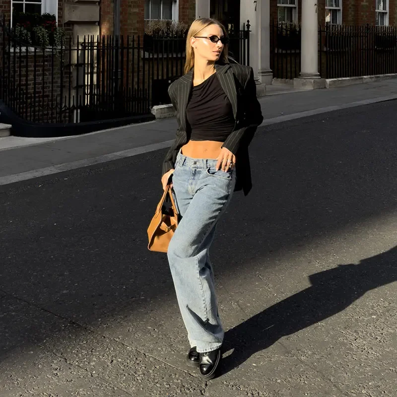 Striped Pant 2 Piece Set Women Double-breasted Full Sleeve Blazer Wide Leg Zipper Long Trousers Female 2025 Lady Commute Outfits