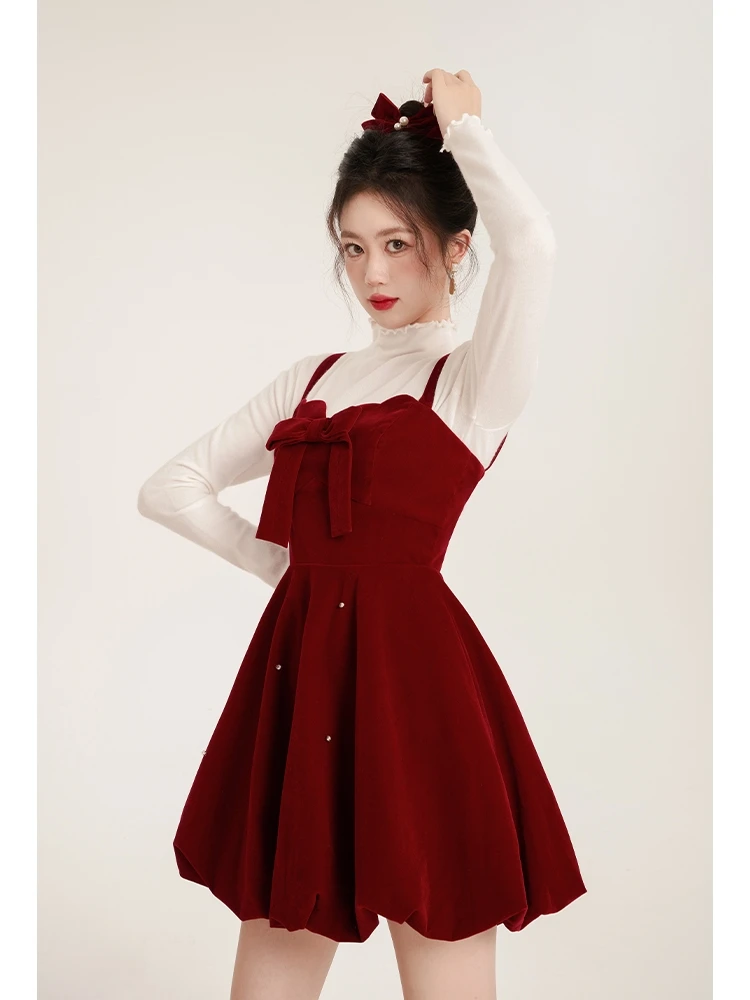 Christmas Two-piece Dress Set Women Solid Sweater A-line Velvet Sleeveless Short Dress Korean Fashion Female Autumn New Outfits