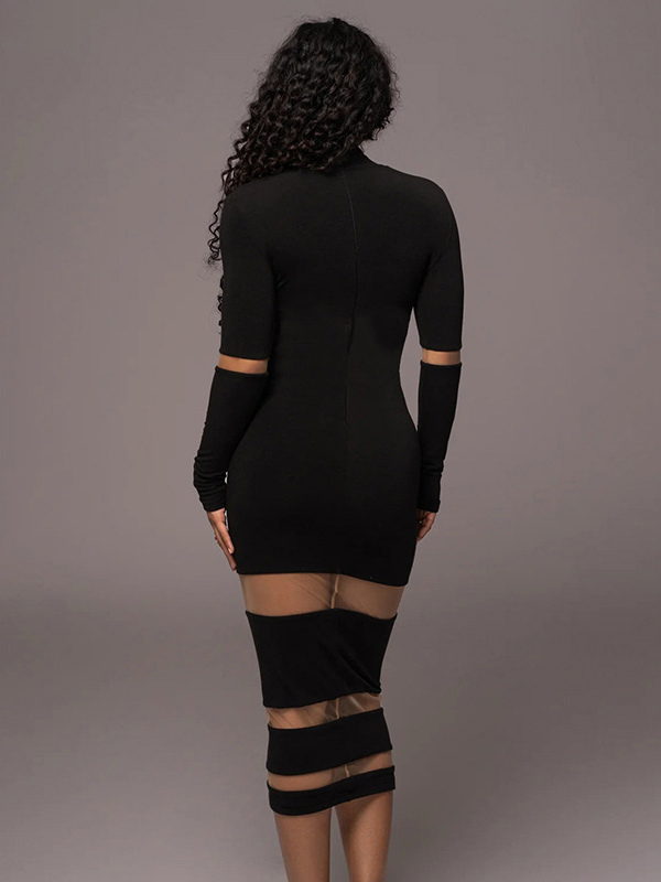 Mesh Patchwork Dress Long Sleeves See Through Party Bodycon Dresses