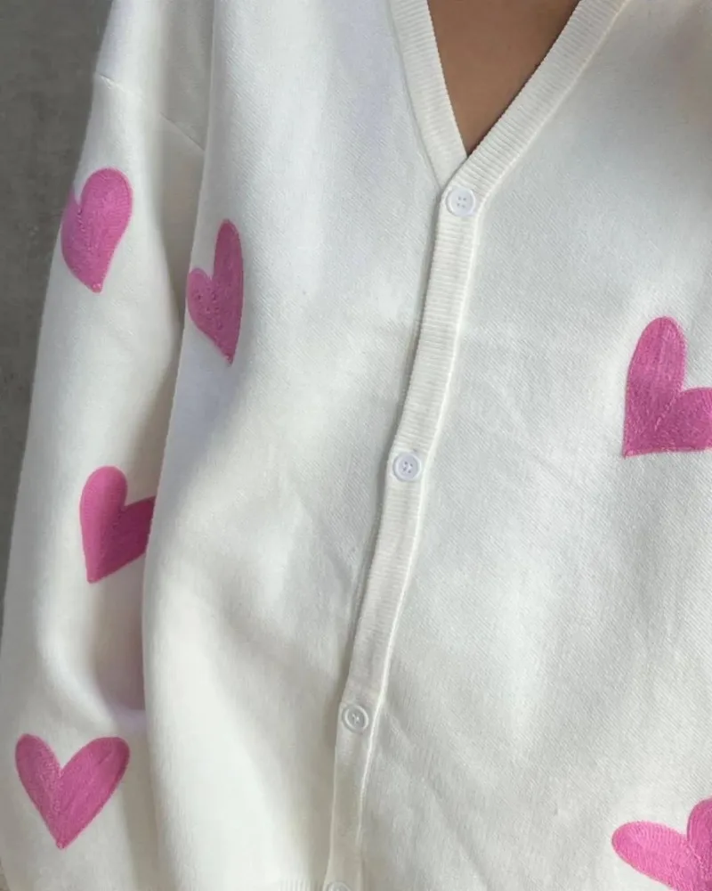 Knitted Women Cardigan Long Sleeve Loose Deep V Neck Sweater Women's Casual Embroidery Heart Women Autumn Coat 2025 New