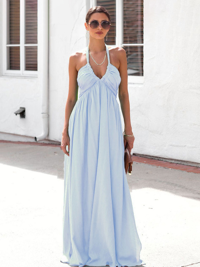 Halter Neck Maxi Dress for Women - Boho V Neck Ruched Flowy Backless Sun Dress - Summer Beach Party 2026