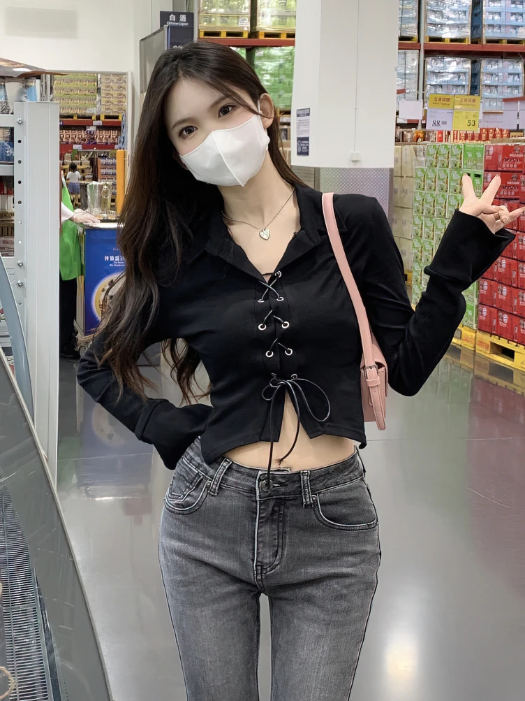 Lace Up Long sleeve Korean Dongdaemun Youth Trend Shirts Blouses Women Autumn Basic Crop Shirt New White Black