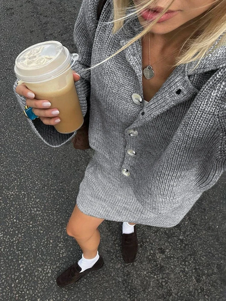 Women's Knitted Suit Lapel Flare Sleeve Cardigan Skirt Autumn Winter New Fashion Solid Slim Female Sweater Two Piece Sets