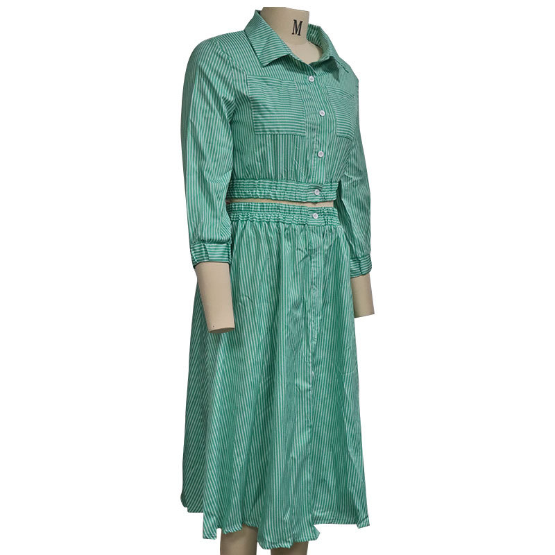 Autumn Winter New Stylish Long Sleeves Striped Shirt Outfit Skirt Two Piece Set