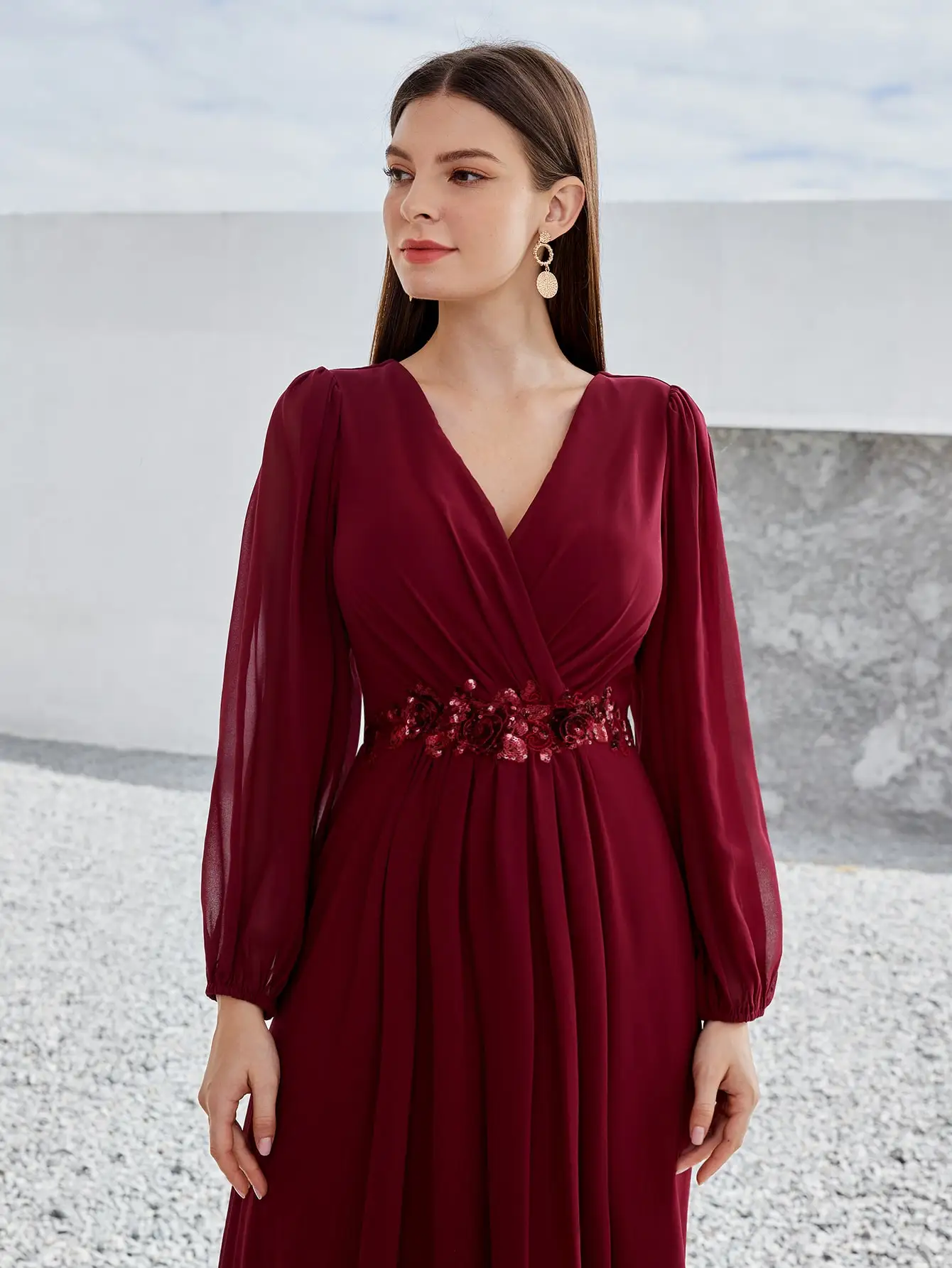 V-neck long sleeve beaded print extra long chiffon Dress Evening gown Ball dress Party dress Bridesmaid dress