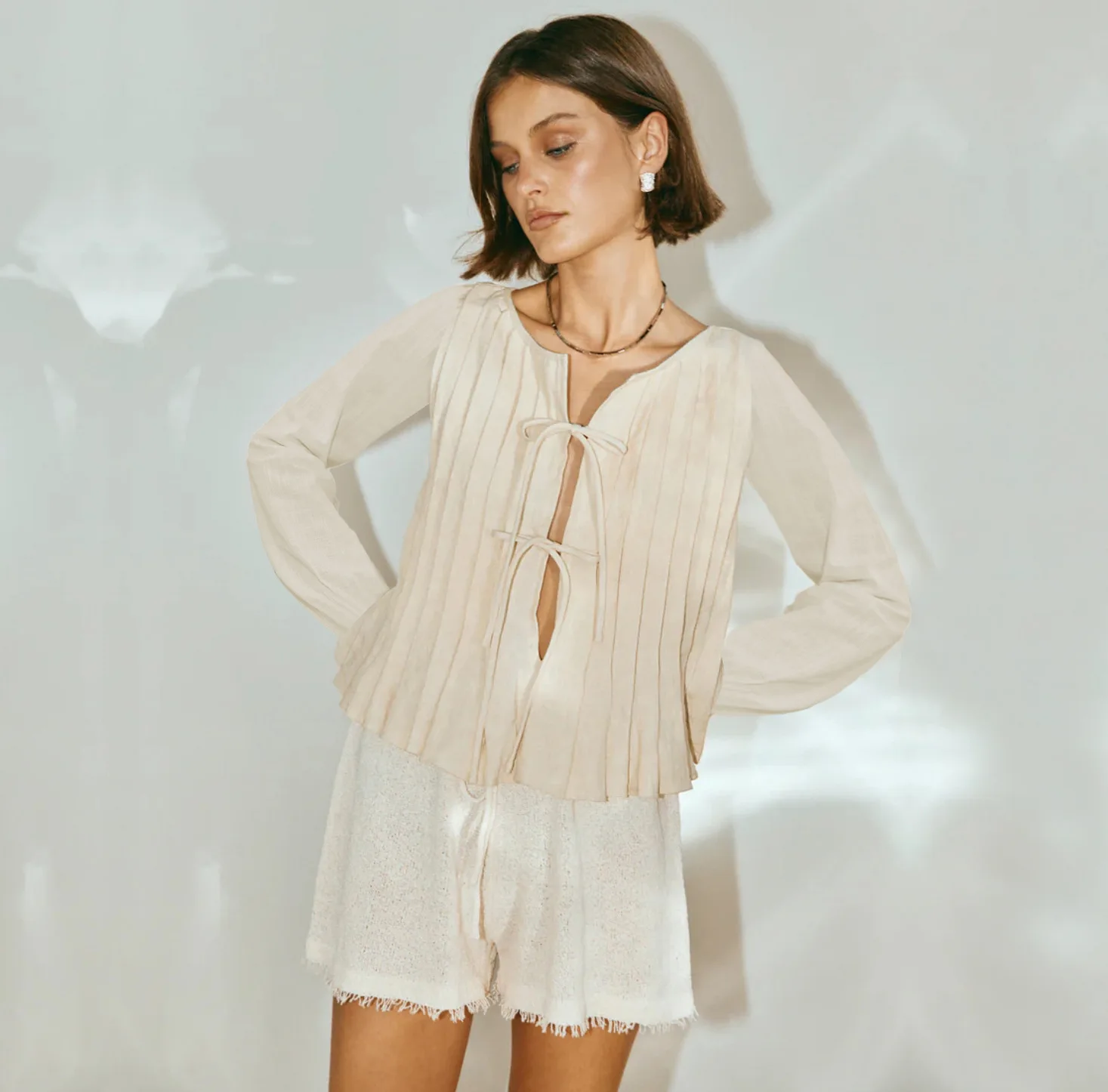 Patchwork Fashion Lace-Up Shirts Top For Women Hollow Out Casual Bandage Solid Elegant Long Sleeve Top Female Cropped Tee