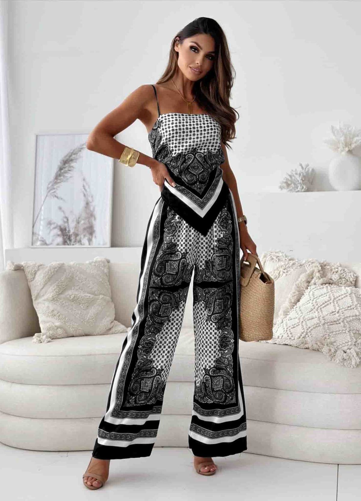 Women Clothing Printed Sexy Spaghetti Straps Corset Positioning Floral Trousers Two Piece Sets