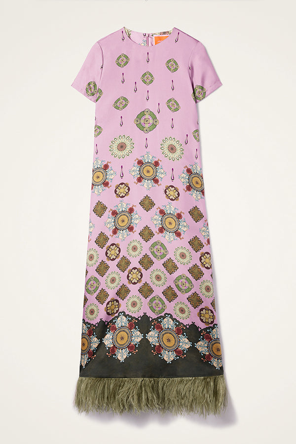 Lucia Satin Baroque Court Style Printed Short Sleeve Pocket Feather Trim Maxi Dress
