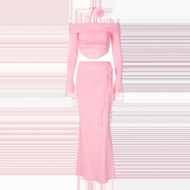 Winter New Sexy Long Sleeved Half Skirt Set For Woman 3D Flower Slim Tight Long Skirt Party Evening Dress Two Piece Set