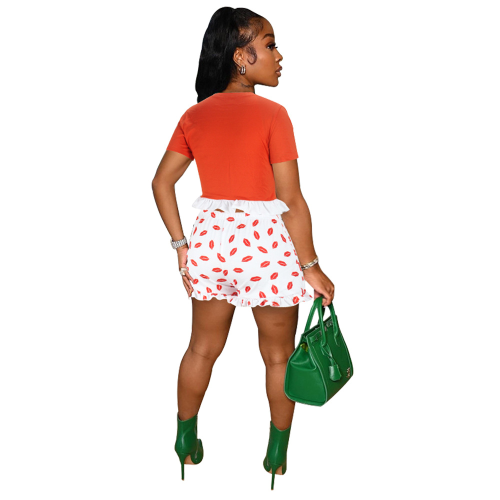 Women Clothing Summer Lace Color Matching Short-Sleeved T-shirt Women Lip Printings Slim Two-Piece Set Romper