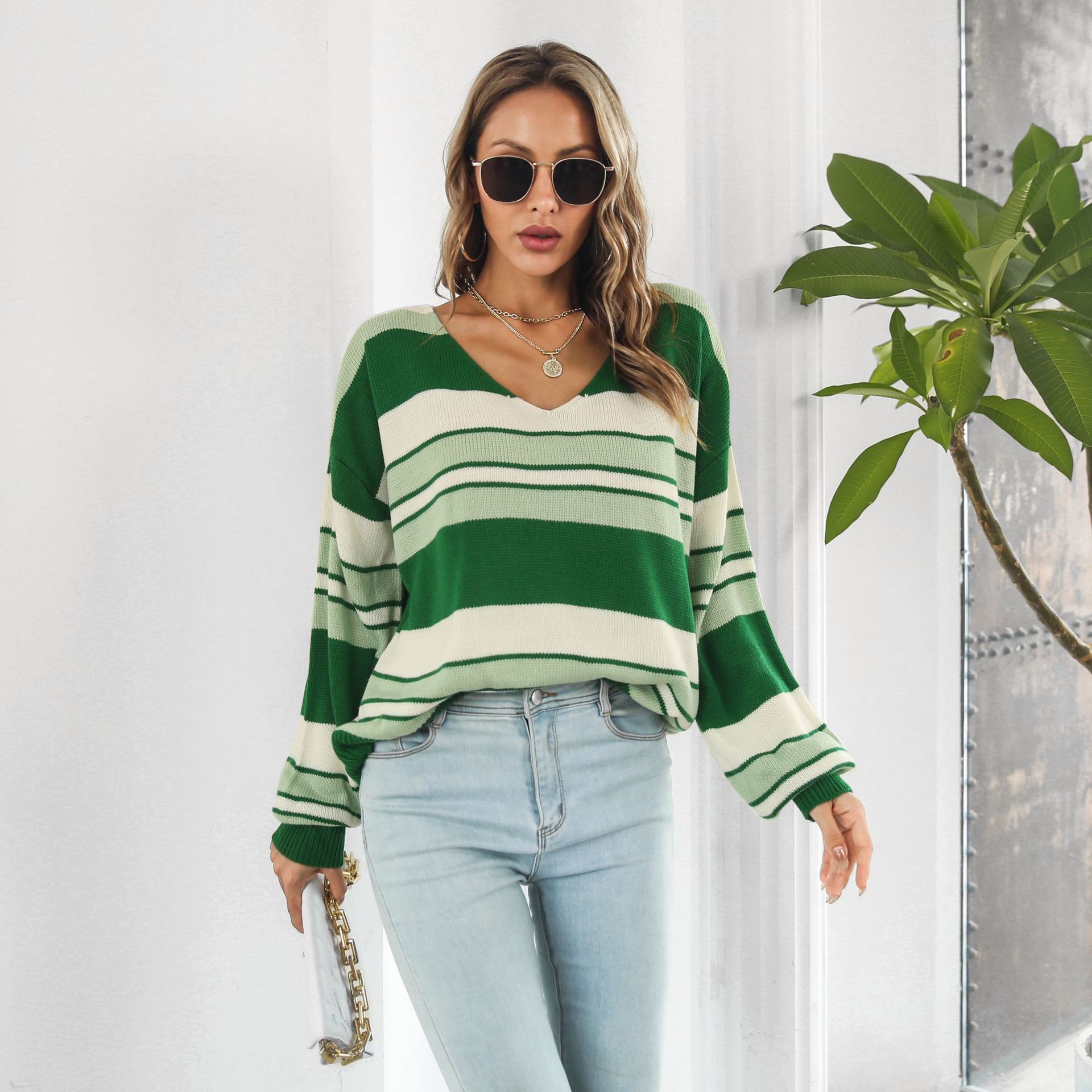 Striped Gradient Color V neck Long Sleeved Women Loose Autumn Winter Knitwear Sweater