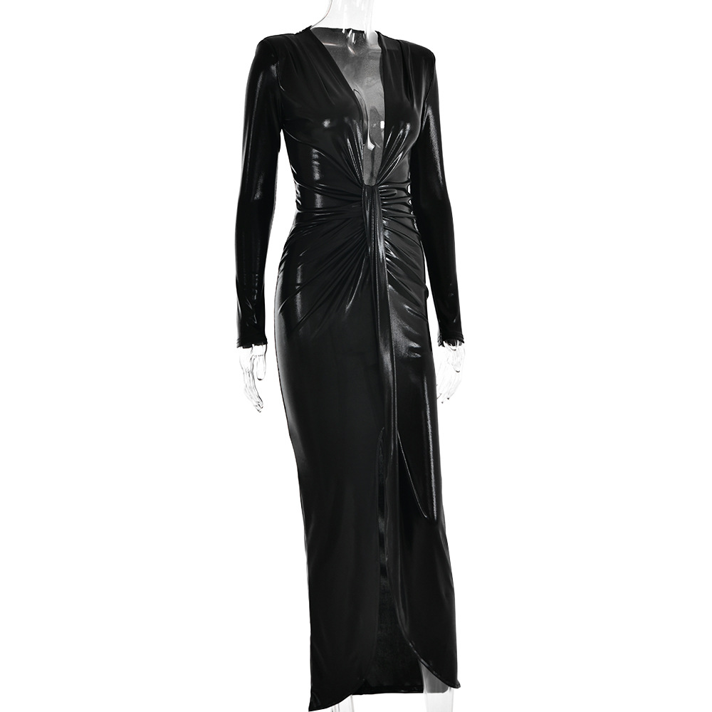 Metallic Coated Fabric Dress Sexy Glossy V neck Long Sleeve Stitching Ruffle Hip Leather Dress