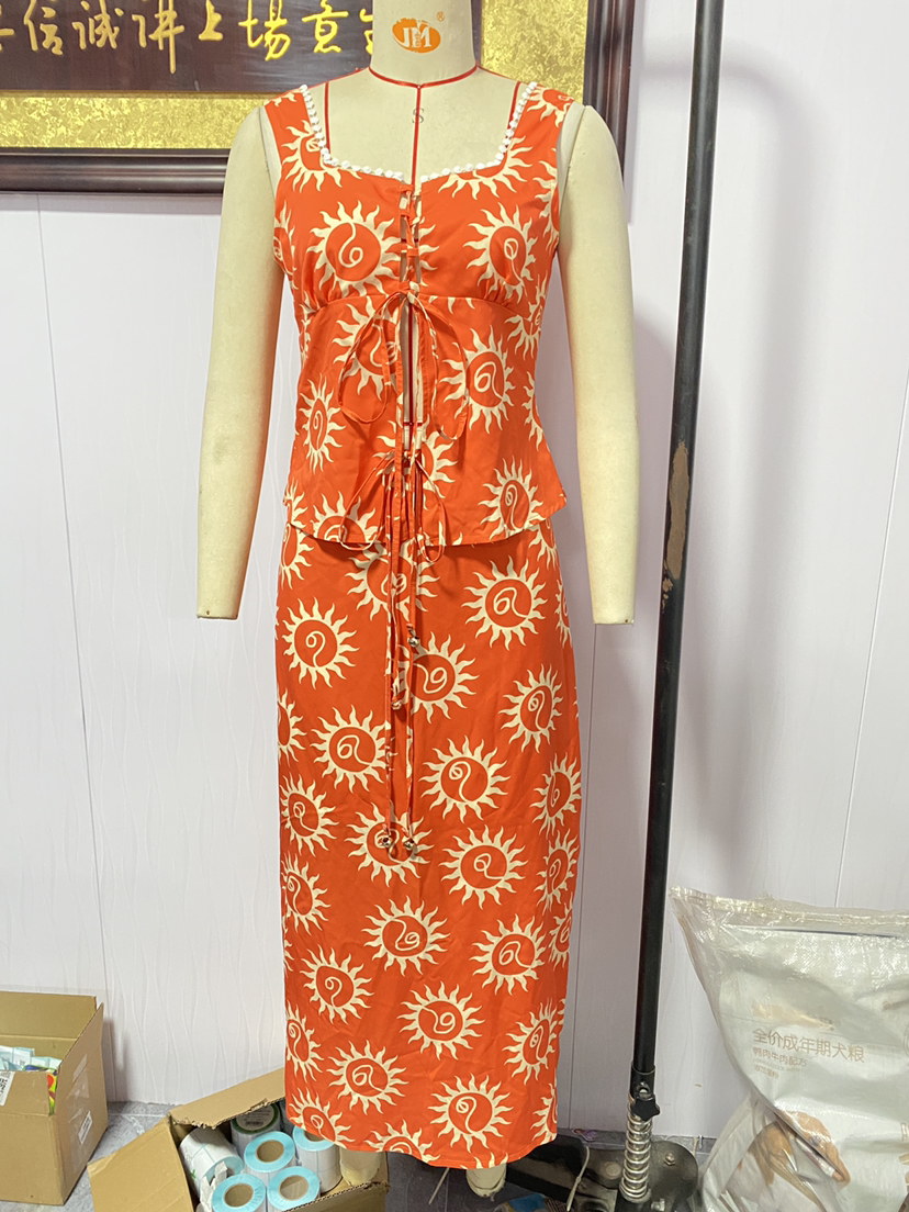 Special for Lace Stitching Square Collar Top Printed Long Skirt Hem Split Long Skirt Set
